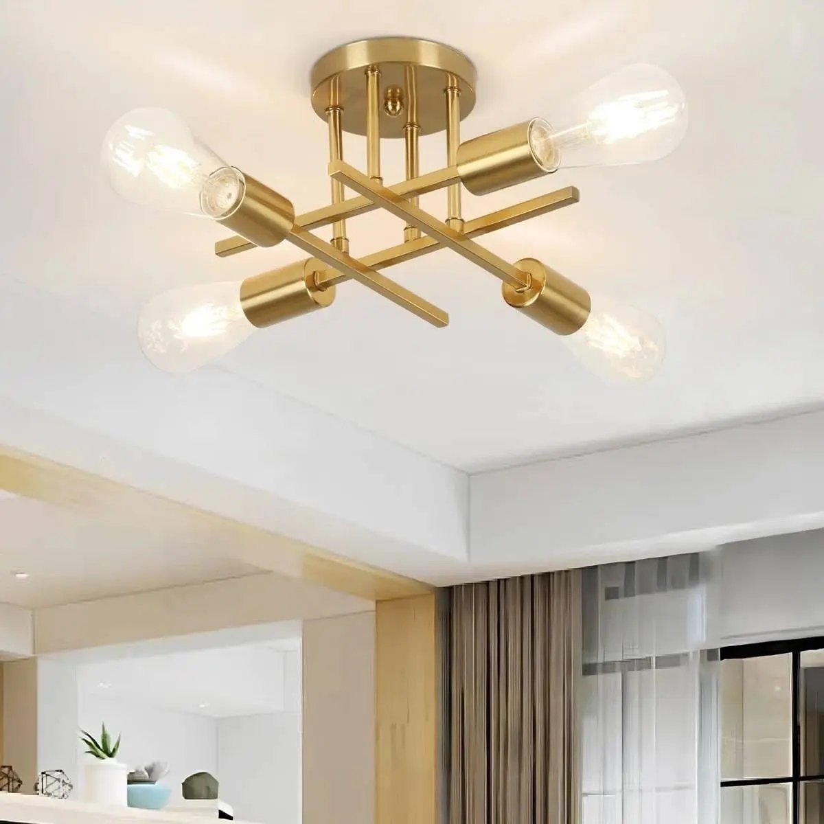 4-Light Modern Sputnik Flush Mount Ceiling Light Fixture Brass-2