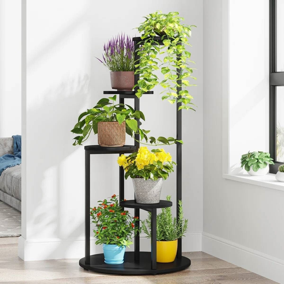 Black multi-tiered plant stand with various potted plants in a room setting.