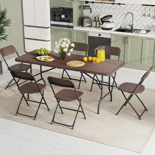 6 ft Portable Folding Table Brown Rattan HDPE Outdoor Picnic Table-1