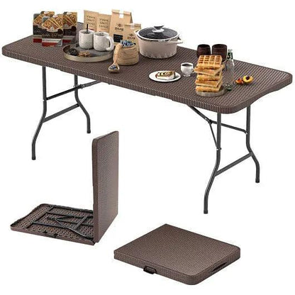 6 ft Portable Folding Table Brown Rattan HDPE Outdoor Picnic Table-2