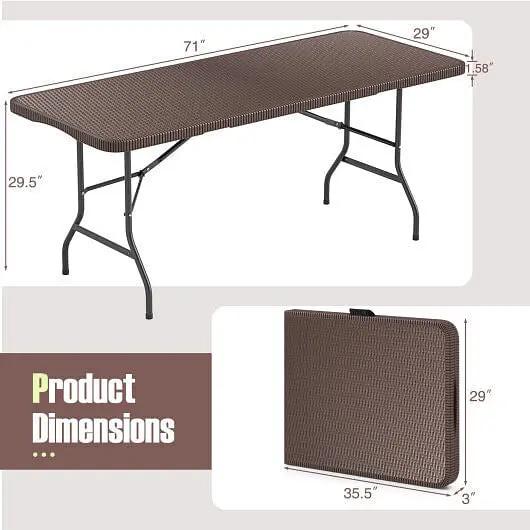 6 ft Portable Folding Table Brown Rattan HDPE Outdoor Picnic Table-3