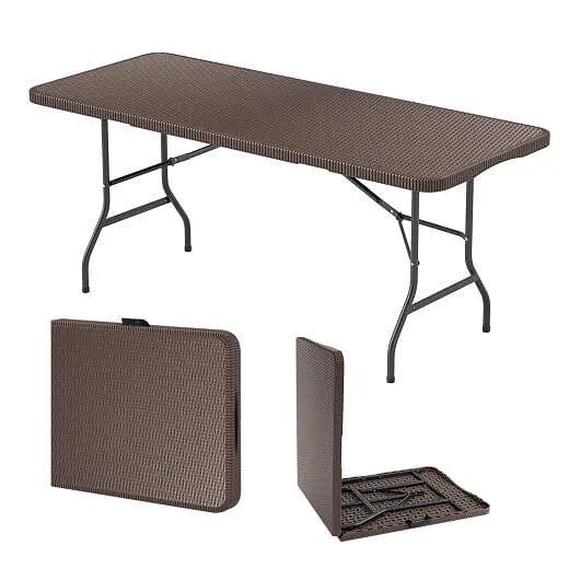 6 ft Portable Folding Table Brown Rattan HDPE Outdoor Picnic Table-4