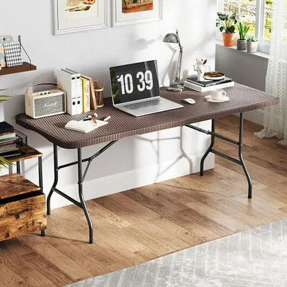 6 ft Portable Folding Table Brown Rattan HDPE Outdoor Picnic Table-0