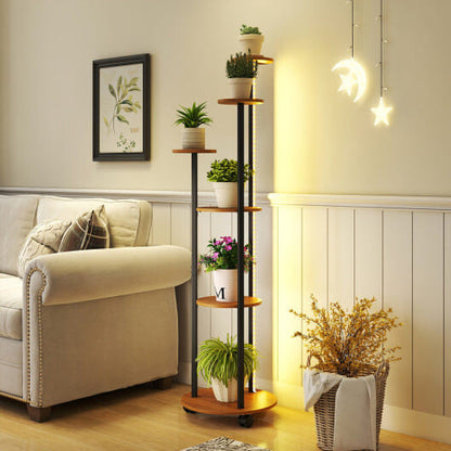 Decorative plant stand with plants in a living room setting