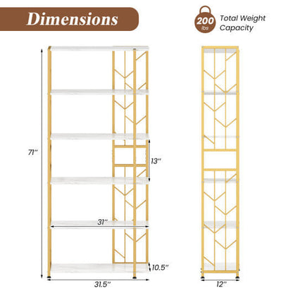 Gold and white bookshelf with dimensions and weight capacity displayed.