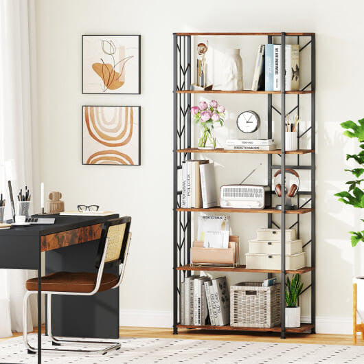Bookshelf with decorative items in a home office setting