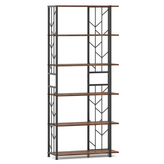Bookshelf with wooden shelves and metal frame on a white background