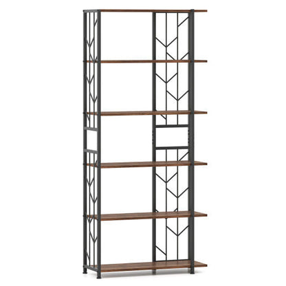 Bookshelf with wooden shelves and metal frame on a white background