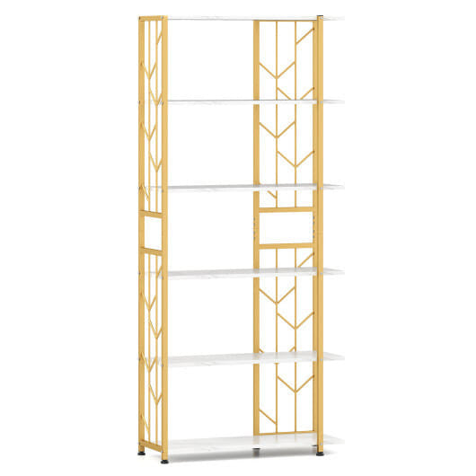 Gold and white bookshelf with geometric design on a white background