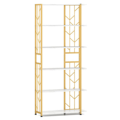 Gold and white bookshelf with geometric design on a white background