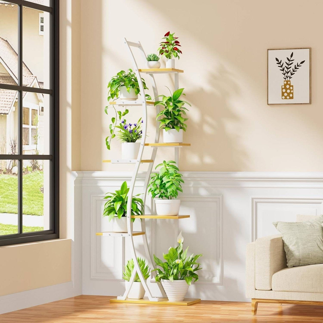 Tall white ladder plant stand with multiple shelves holding potted plants in a living room.