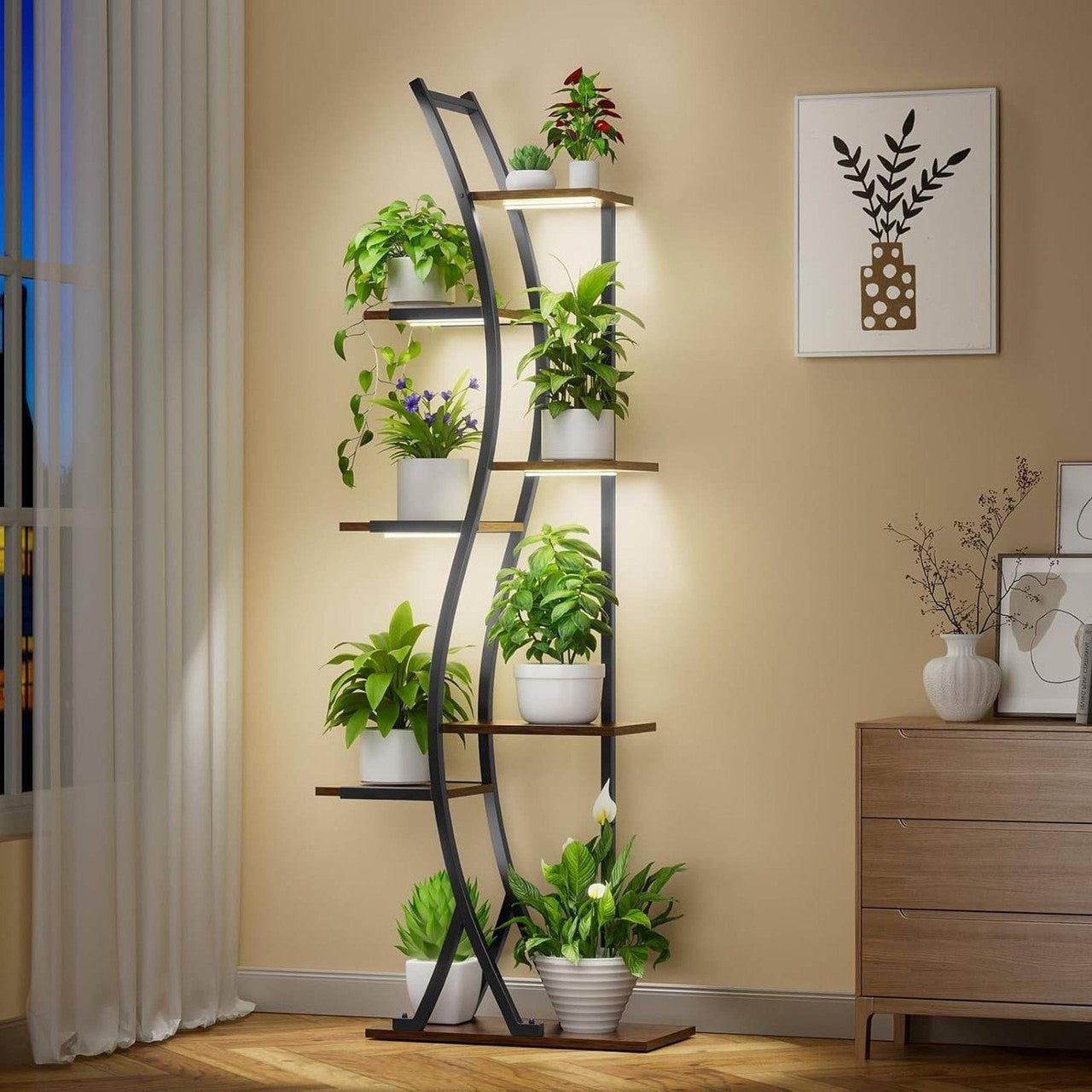 Decorative plant shelf with potted plants against a beige wall.