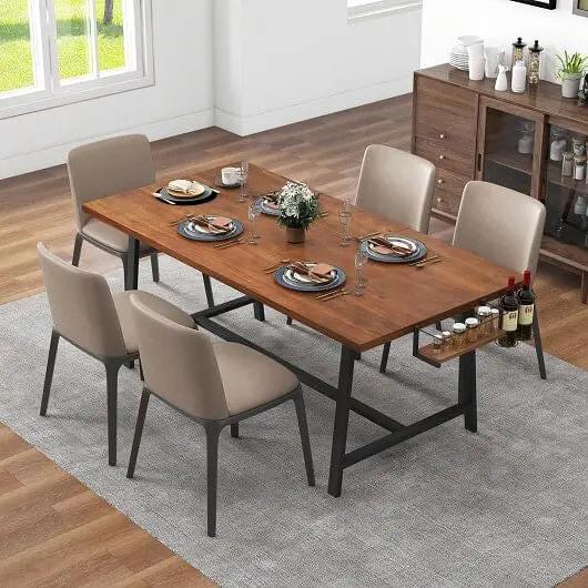 72 Inch Walnut Dining Table with Wine Rack for 5-7 People Rectangular Kitchen Table-0