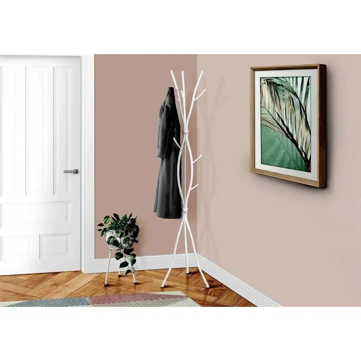 74-inch White Metal Coat Rack Hall Tree with 11 Hooks and Umbrella Stand-1