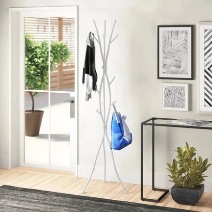 74-inch White Metal Coat Rack Hall Tree with 11 Hooks and Umbrella Stand-2