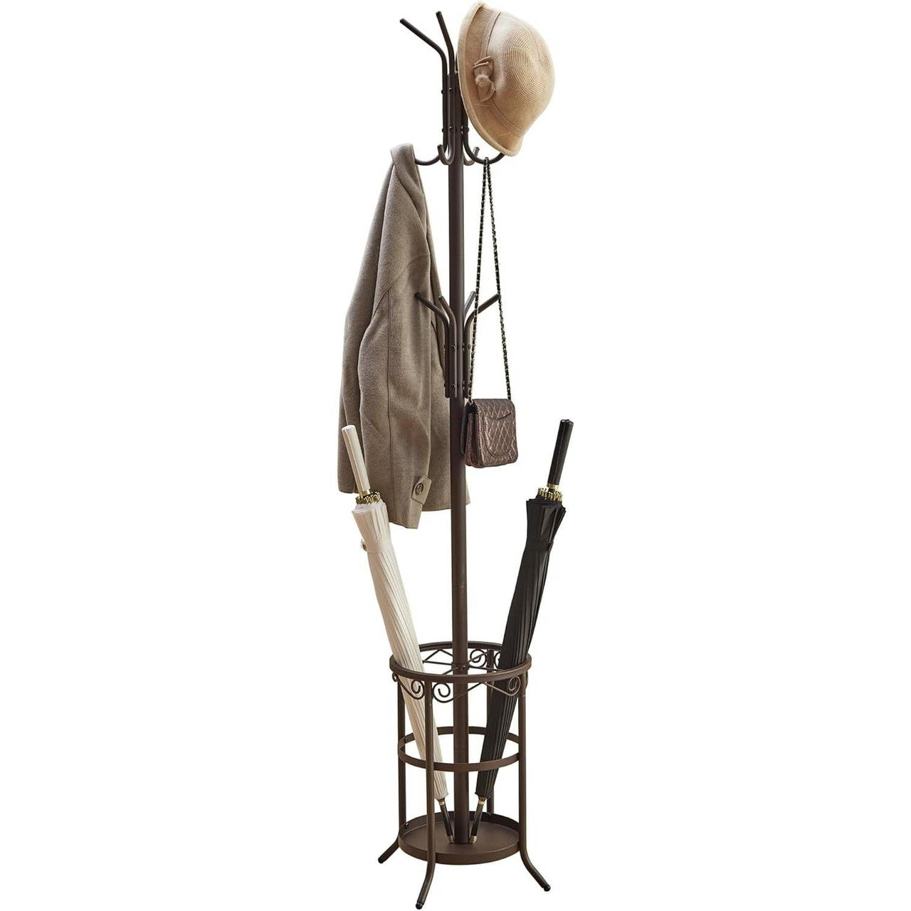 Brown Metal Coat Rack Hall Tree with 12 Hooks and Umbrella Stand
