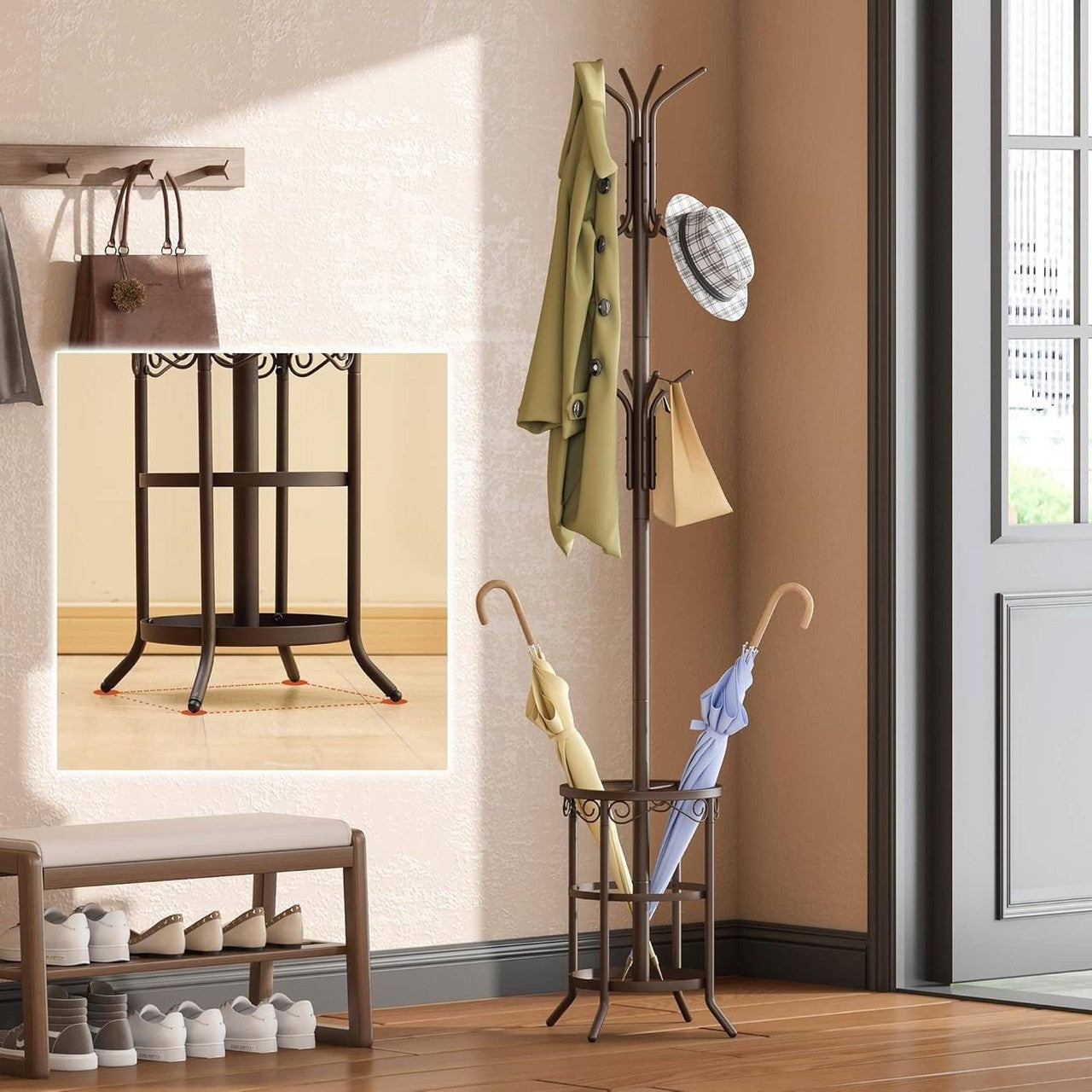 Brown Metal Coat Rack Hall Tree with 12 Hooks and Umbrella Stand