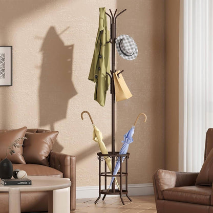 Brown Metal Coat Rack Hall Tree with 12 Hooks and Umbrella Stand
