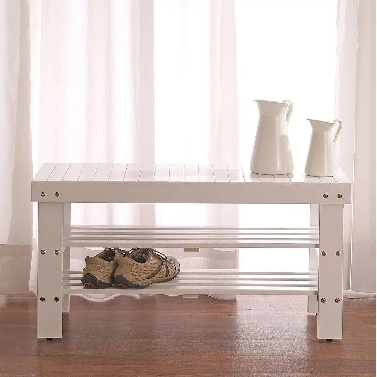 Solid Wood Shoe Rack Bench White Entryway Storage Seating 35 Inch-1