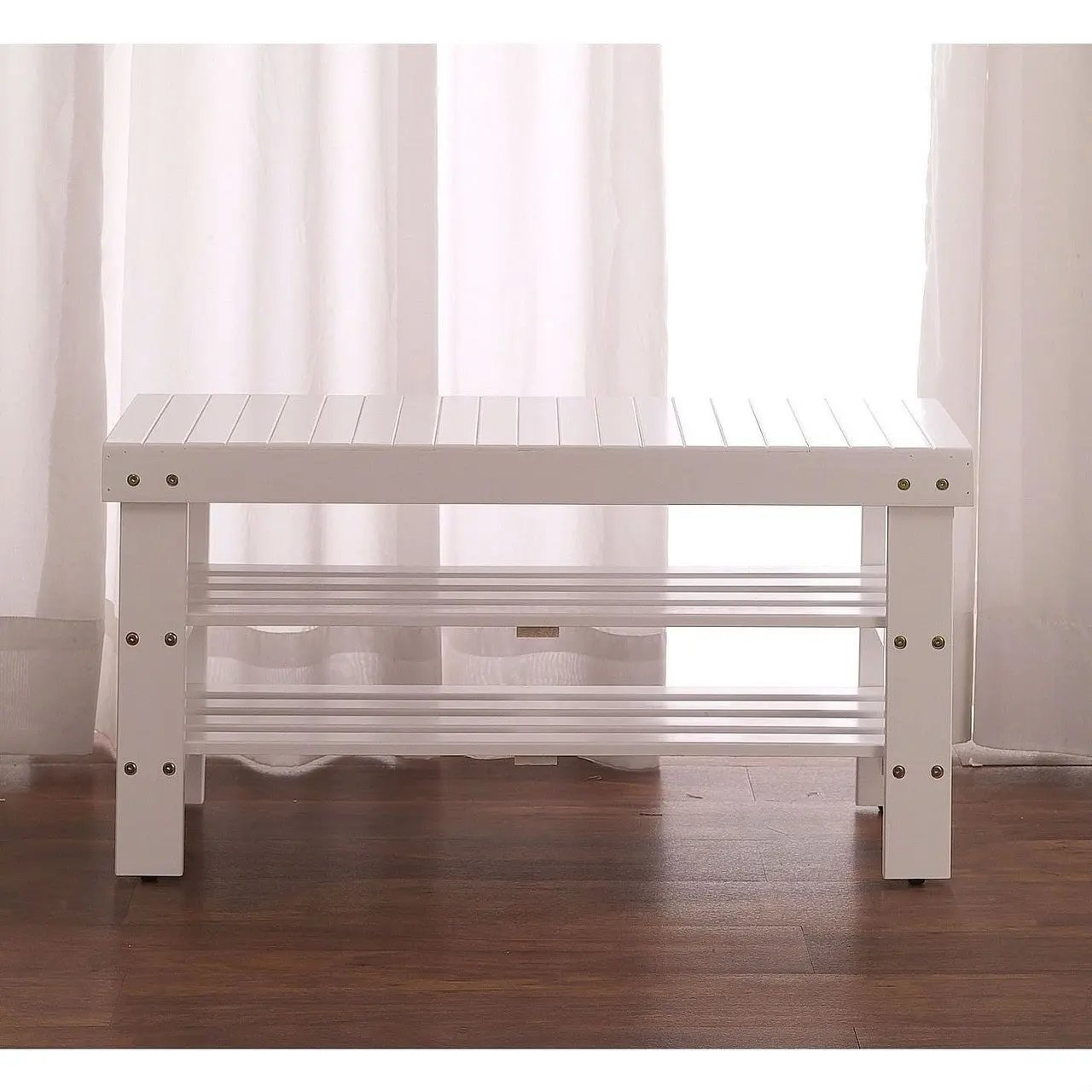 Solid Wood Shoe Rack Bench White Entryway Storage Seating 35 Inch-0