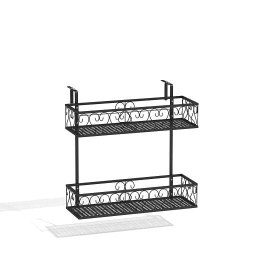 Black metal wall-mounted shelf with two tiers on a white background