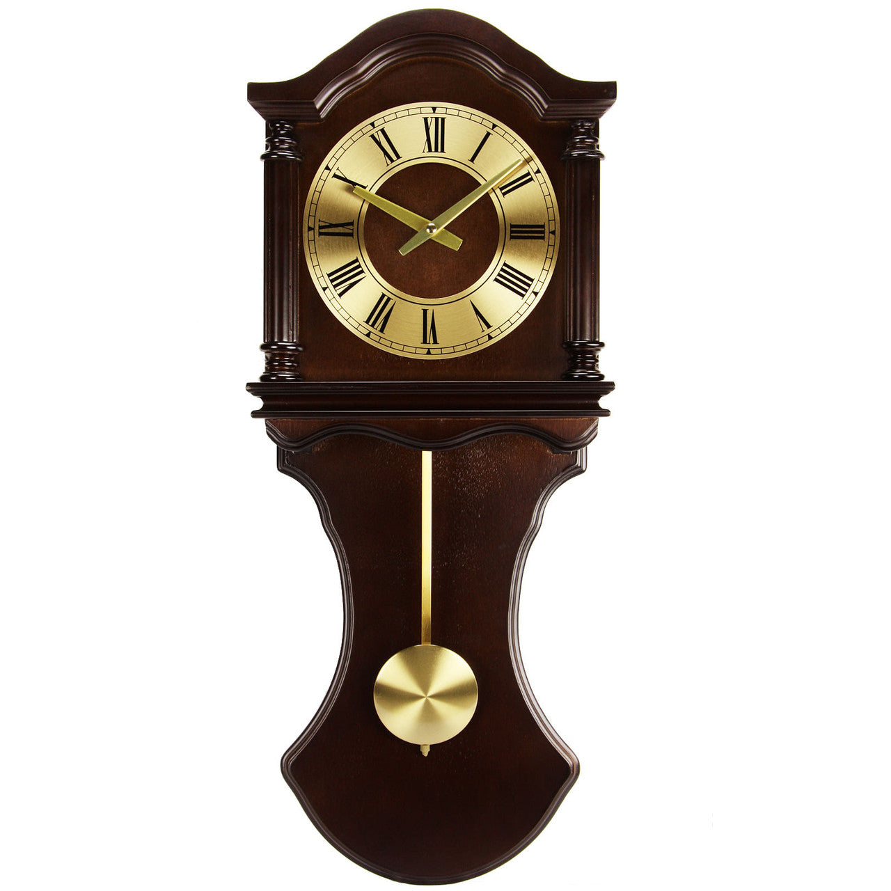 Wooden wall clock with gold face and pendulum on a white background