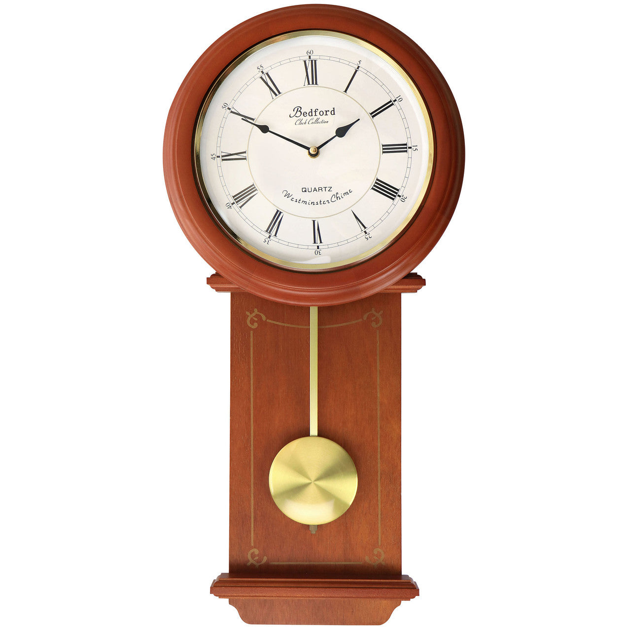 Wooden wall clock with pendulum on a white background