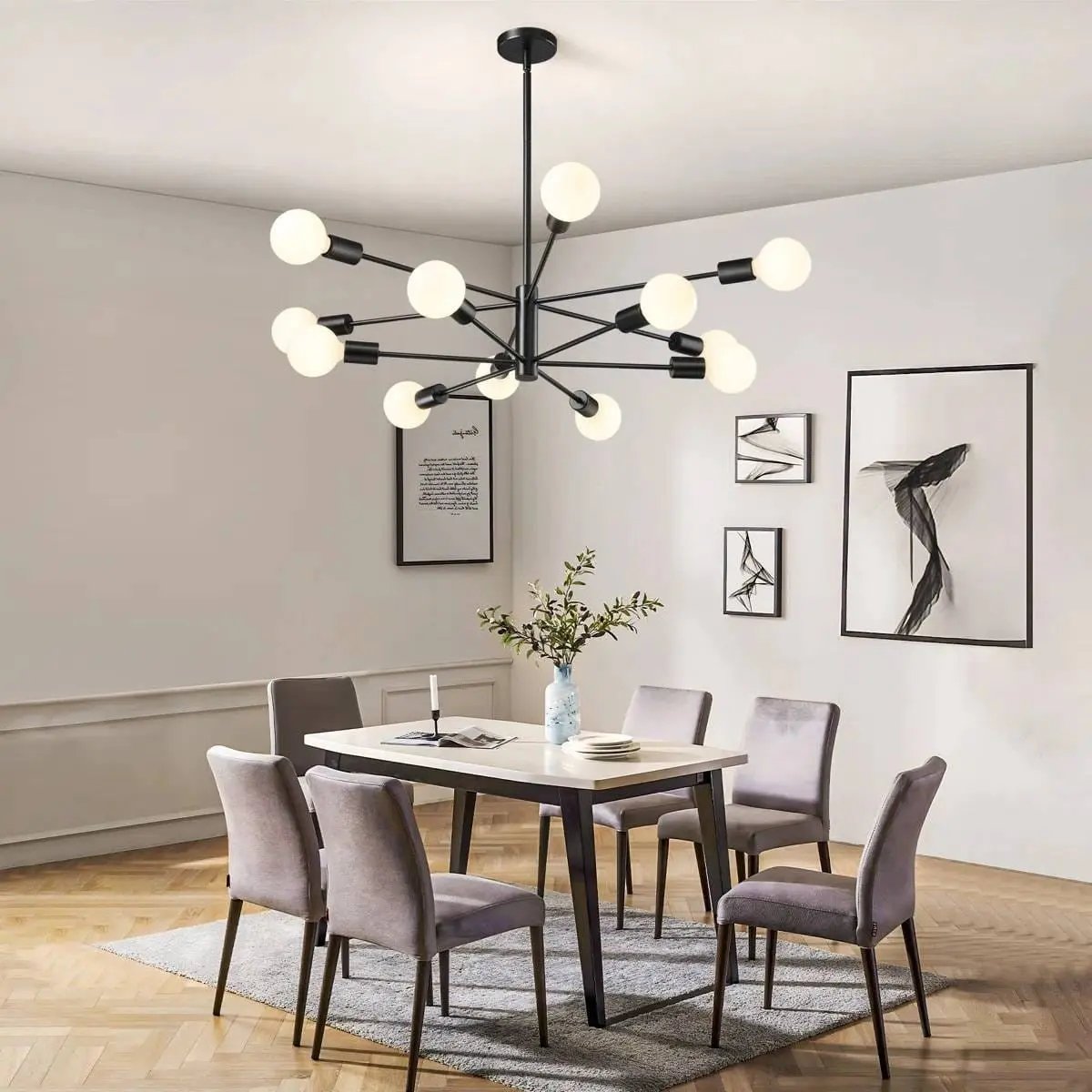 Black 33-inch Modern 12-Light Dimmable Sputnik Chandelier Lamp-0