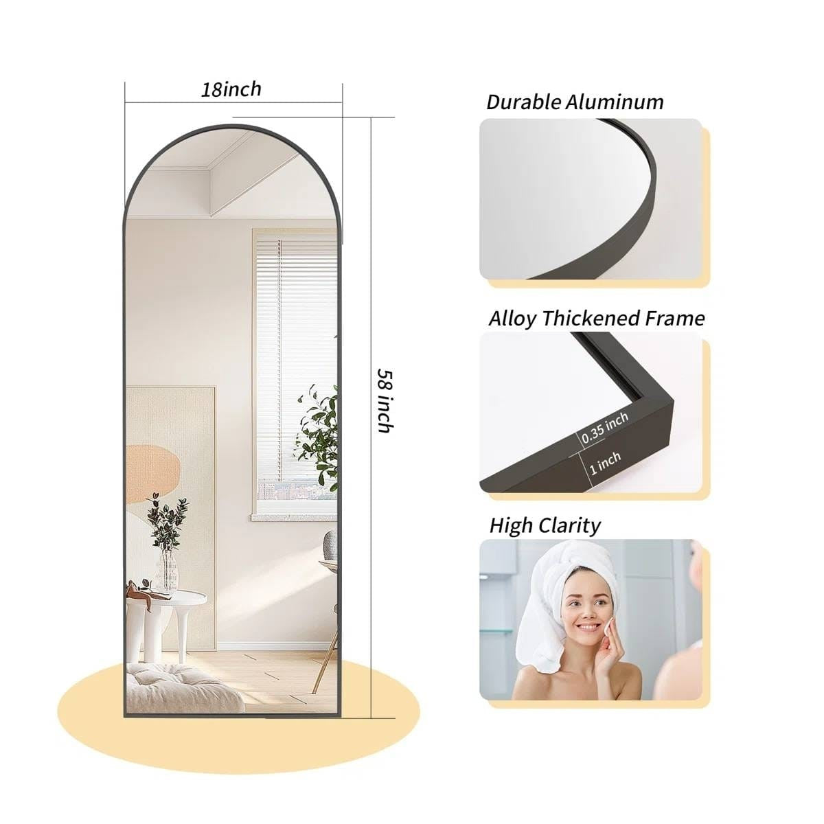 Full-length mirror with dimensions and material details on a white background