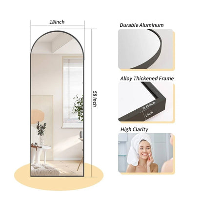 Full-length mirror with dimensions and material details on a white background