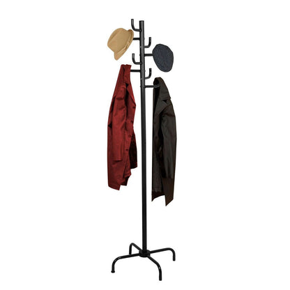 Black coat rack with hats and coats on a white background