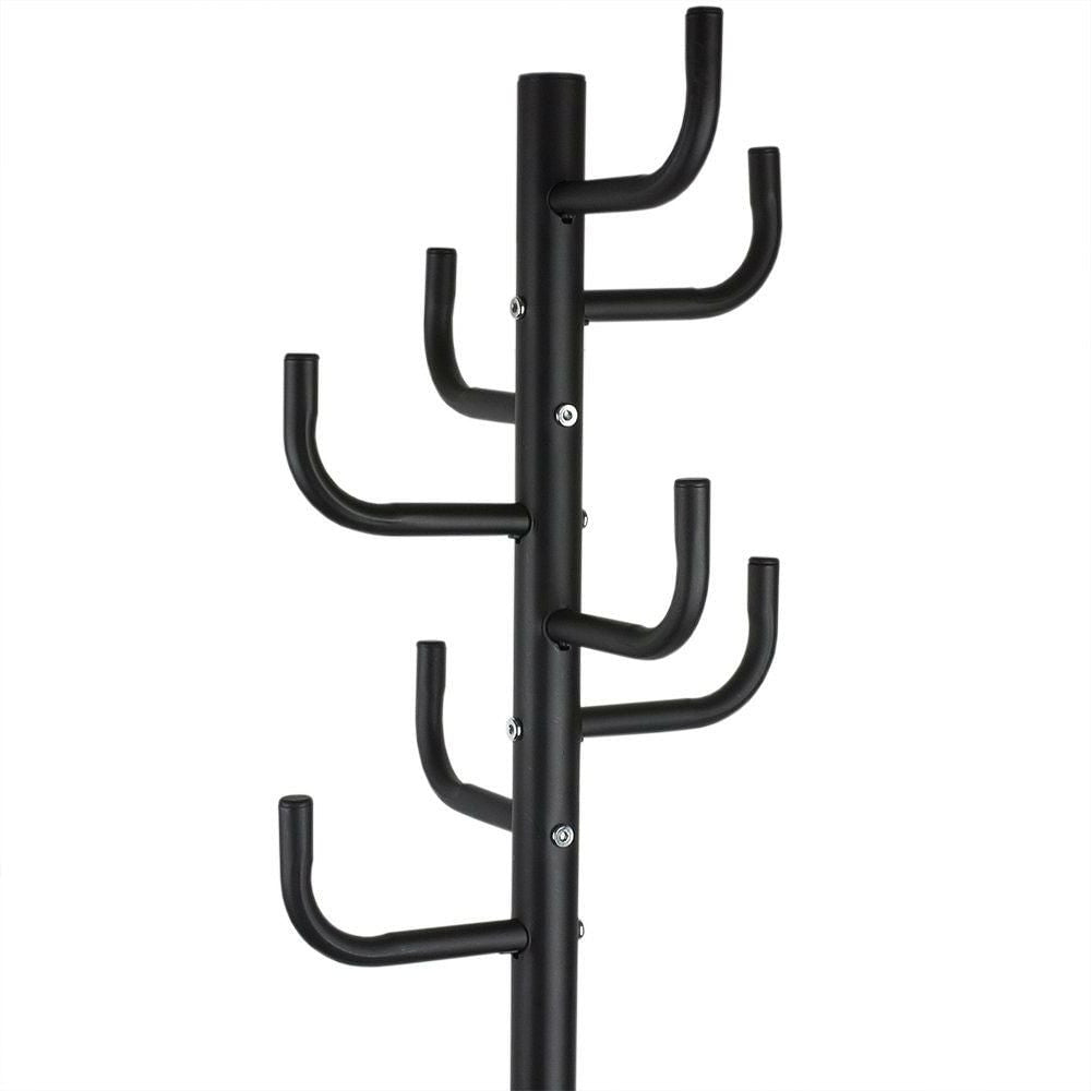 Black metal hook rack with multiple hooks on a white background
