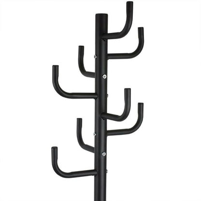Black metal hook rack with multiple hooks on a white background