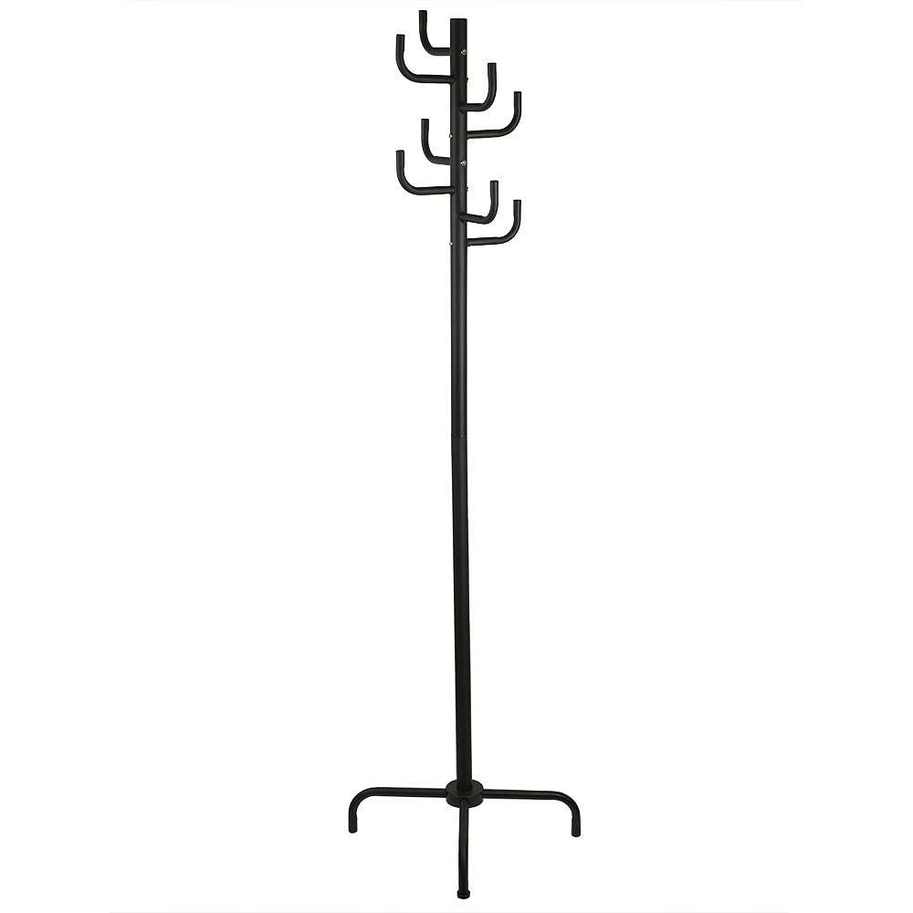 Black metal coat rack with multiple hooks on a white background