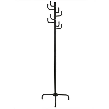 Black metal coat rack with multiple hooks on a white background
