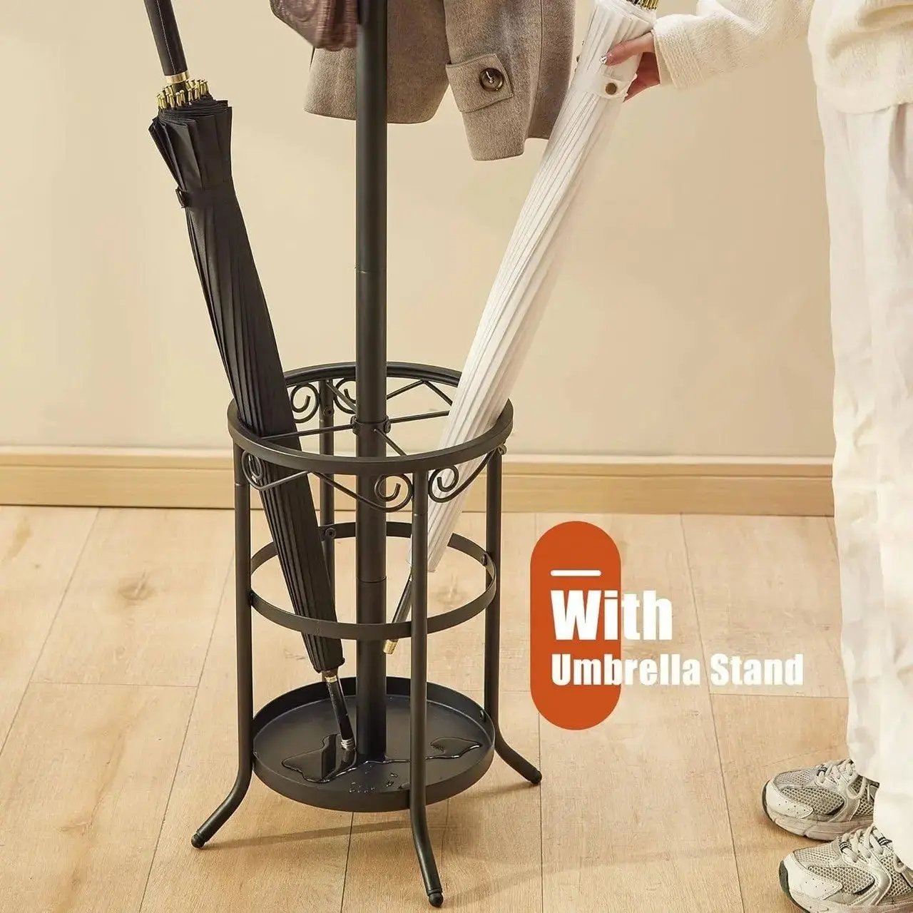 Black Metal Entryway Coat Rack Hall Tree with 12 Hooks and Umbrella Stand-0