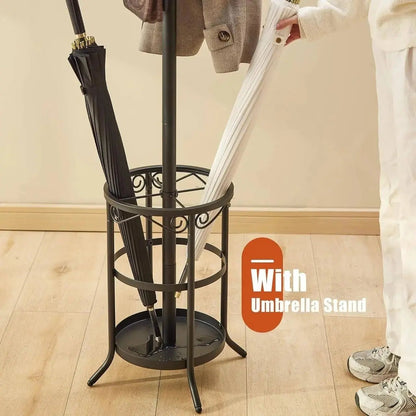 Black Metal Entryway Coat Rack Hall Tree with 12 Hooks and Umbrella Stand-0