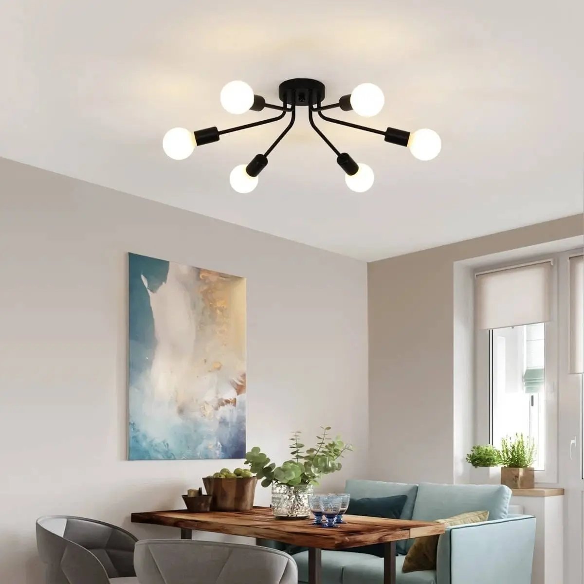 Black Mid-Century Modern 6-Light Flush Mount Sputnik Ceiling Light-0