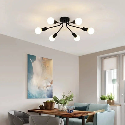 Black Mid-Century Modern 6-Light Flush Mount Sputnik Ceiling Light-0