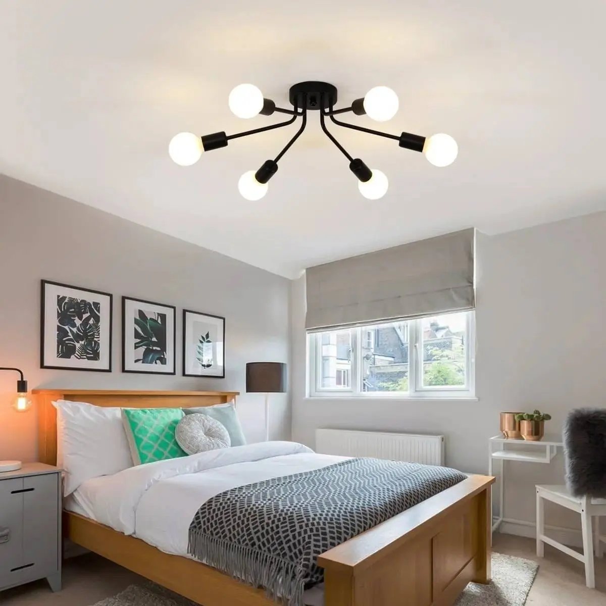 Black Mid-Century Modern 6-Light Flush Mount Sputnik Ceiling Light-1