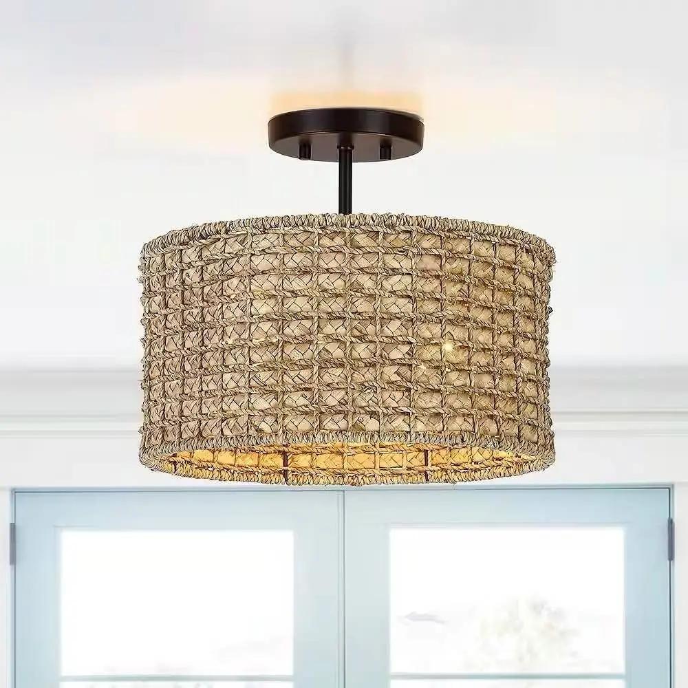 Bohemian 13.6-inch Round Rattan Drum 2-Light Semi-Flush Ceiling Light-2