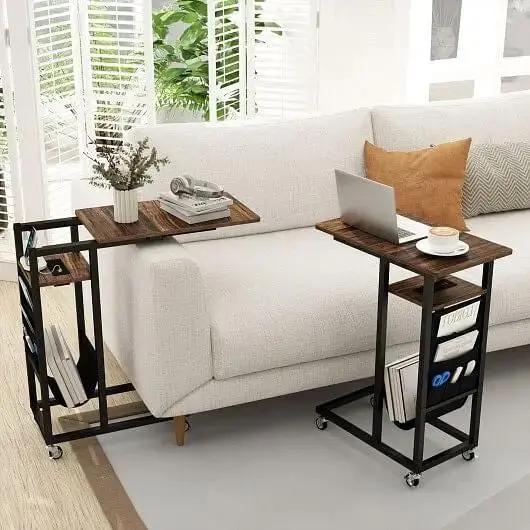 C-Shaped End Table with Charging Station Retractable Top Rolling Casters-1