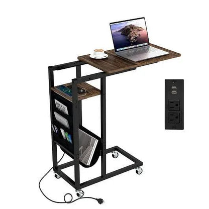 C-Shaped End Table with Charging Station Retractable Top Rolling Casters-2