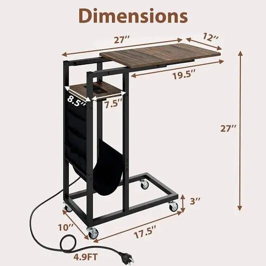 C-Shaped End Table with Charging Station Retractable Top Rolling Casters-3