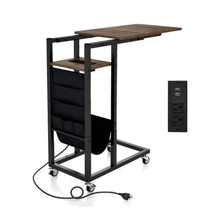 C-Shaped End Table with Charging Station Retractable Top Rolling Casters-4