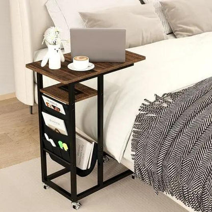 C-Shaped End Table with Charging Station Retractable Top Rolling Casters-0