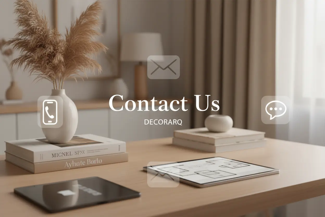 Decorative setup with books, a vase, and a tablet on a table with 'Contact Us' text overlay.