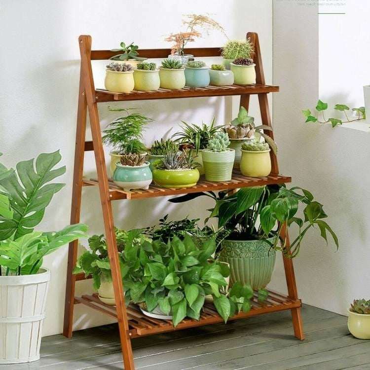 Wooden plant stand with various potted plants in a room setting