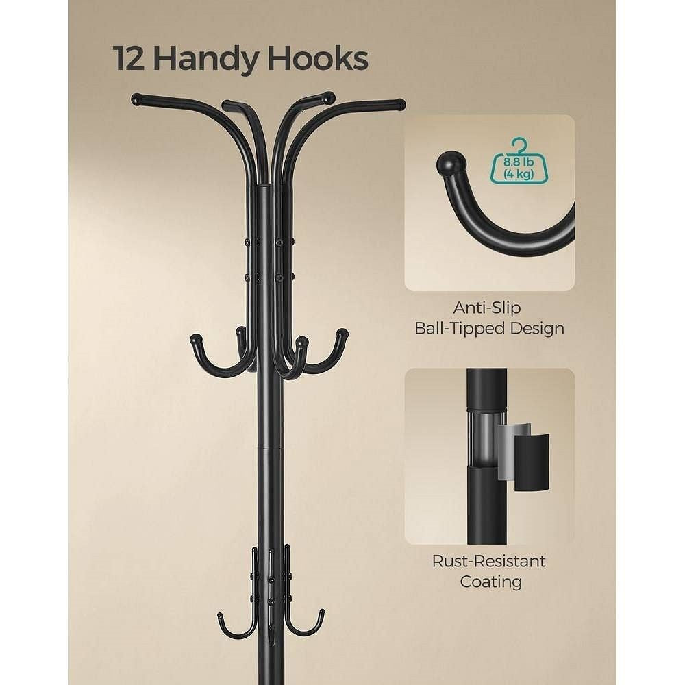 Black metal wall hook stand with 12 hooks on a beige background