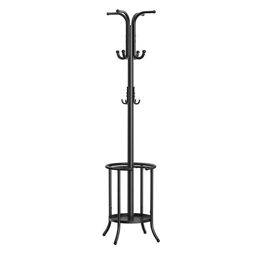 Black coat stand with hooks and umbrella holder on a white background